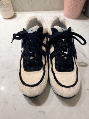 CHANEL Cream and Black Quilted Logo Sneakers